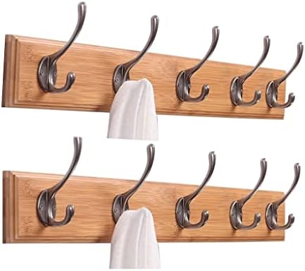 Blake's Set of 2 - 100% Bamboo Wall Mounted Coat Rack x 2 - 5 Brushed Silver Heavy Duty Aluminium Double Hooks on Natural Solid Bamboo Wood for Coat Hat Bag Umbrella Towel etc