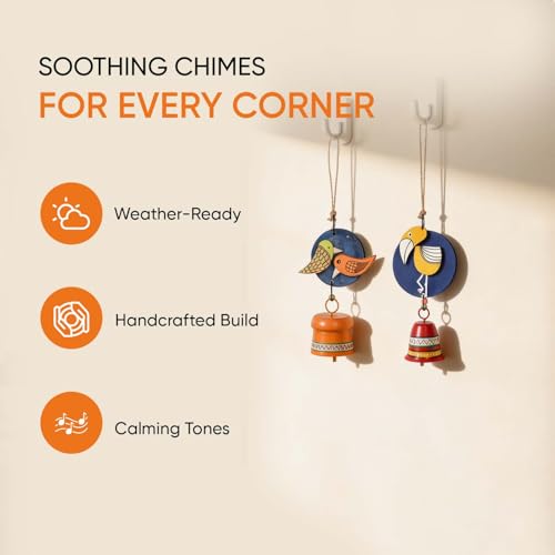 Image of Aakriti Art Creations Chirping Melody Bird Wind Chime Set | Handmade Modern Art Wooden & Metal Wind Chimes | Decorative Indoor & Outdoor Hanging for Balcony, Garden, Living Room & Gifting