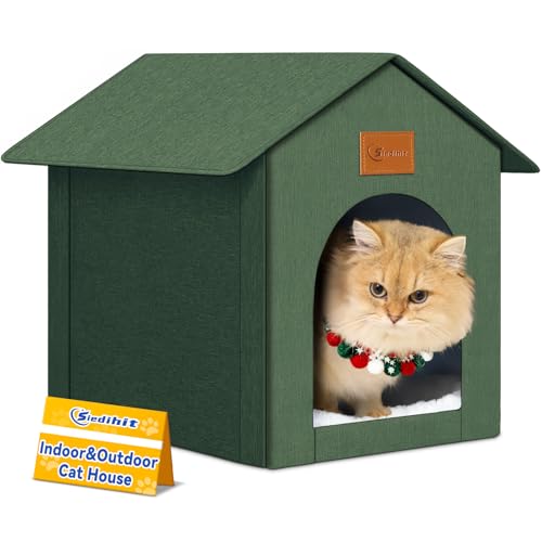 Siedihit Outdoor Cat House Feral Cat Shelter,Outside Waterproof Cat House for Outdoor/Indoor Cats, Insulated Cat Bed for All Seasons with Cozy Cushion Easy to Assemble Olive Green