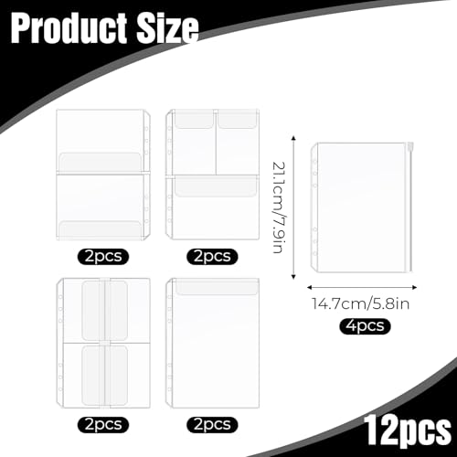 DOPENSPI 12 Stück Prospekthüllen A5 Größe, 6 Löcher Binder Wasserdicht Transparent Prospekthüllen, lose Blatttaschen, Umschläge für die Budgetplanung, Einstecktaschen, Fotodokumente, Stempel