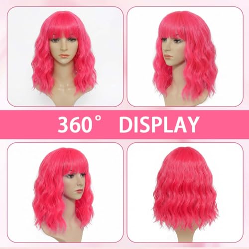 Image of Pastel Hot Pink Wavy Bob Wig for Women, Short Shoulder Length Synthetic Wig with Bangs, Matte Natural Realistic Look Lightweight Hairpiece, Hot Pink Color for Gift & Cosplay Costume