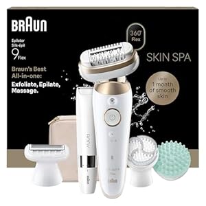 Braun Silk·épil 9 Flex SkinSpa, All-in-One Set, Epilator with 360° Flexible Head for Easy Hair Removal, Wet & Dry, Lasting Smooth Skin, Includes Body Trimmer, 9-481 3D, Gold