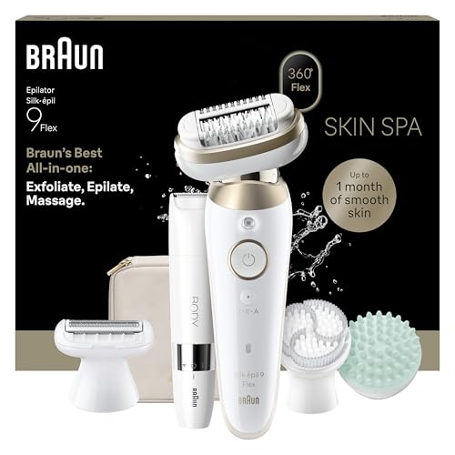 Braun Silk·épil 9 Flex SkinSpa, All-in-One Set, Epilator with 360° Flexible Head for Easy Hair Removal, Wet & Dry, Lasting Smooth Skin, Includes Body Trimmer, 9-481 3D, Gold