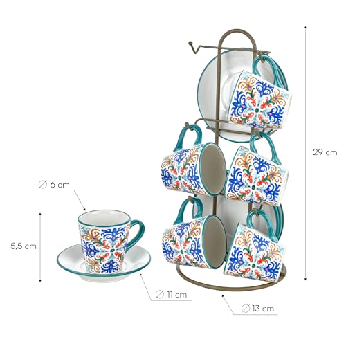 Baroni Home Set von dekorierten Keramik-Espressotassen mit Untertassen und Ständer, farbiges und robustes Küchenzubehör, Capri-Linie, 15x13x29 cm