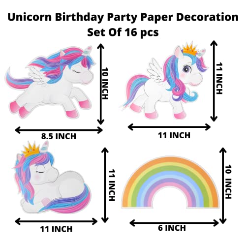 Image of Party Decorz Unicorn Theme Birthday Paper Decoration Set Of 16 pcs(1 pcs Happy Birthday Banner + 12 pcs Unicorn Paper Cutout + 2pcs Props + 1 pcs Cake Topper) For Unicorn,Rainbow Theme Birthday Party