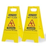 Wet Floor Sign,French/English for Business Caution Wet Floor/Attention Plancher Mouillé Foldable Sturdy Bilingual Double-Sided Yellow 42CM 2pack