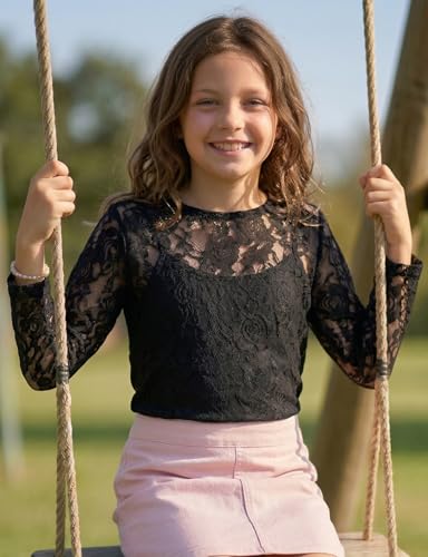 Image of Noomelfish Girls Lace Layering Tops Sheer Mesh Tee Shirts Blouse (5-12 Years)