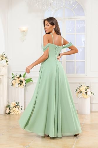 OFEECHUN Women's Off The Shoulder Long Bridesmaid Dresses for Wedding Chiffon Ruched Formal Evening Gowns with Slit2