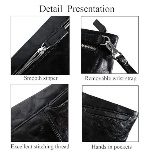 Genuine Leather Clutch Bag for Men Handbag Wrist Bag Business Large Purse Envelope Bag (black)3