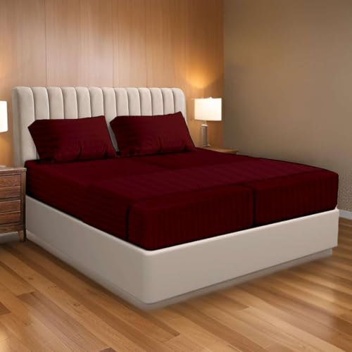 Ready To Rest 100% Egyptian Cotton Split King Sheets Sets for Adjustable Bed 5 Piece, Fits Mattress Upto 16" Deep, Hotel Luxury, Ultra Soft, Cooling Bed Sheets, Burgundy Stripe