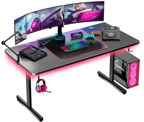 GTPLAYER Gaming Desk 55 Inch with LED Lights, Large Computer Desk with Mouse Pad for Home Office, T-Shaped Carbon Fibre Surface PC Game Workstations with Headphone Hook