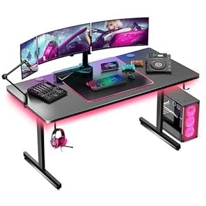 GTPLAYER Gaming Desk 55 Inch with LED Lights, Large Computer Desk with Mouse Pad for Home Office, T-Shaped Carbon Fibre Surface PC Game Workstations with Headphone Hook