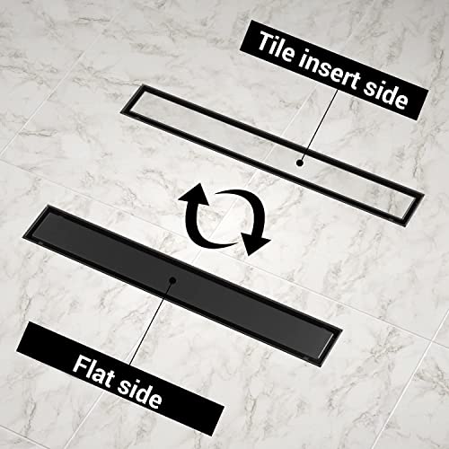 EXF Linear Shower Drain 34 Inch Matte Black with Reversible Flat & Tile Insert Cover, Stainless Steel Rectangle Bathroom Floor Drain with Hair Catcher, Adjustable Feet by EXF - Image 2
