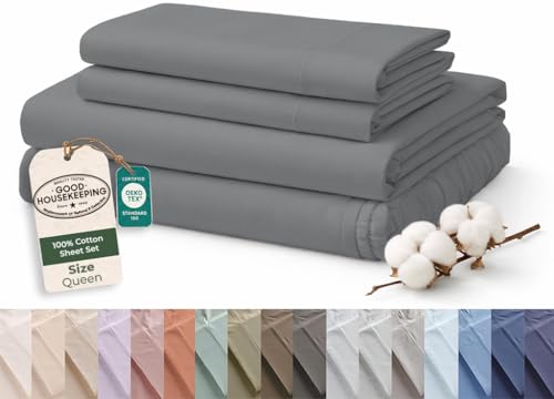 Image of ROYALE LINENS 100% Organic Cotton Queen Sheet Set - 16 inch Deep Pocket Bed Sheets - Eco Friendly Grey Bed Sheets - Sabanas Queen - 1 Flat, 1 Fitted & 2 Pillowcases - Grey Sheet Set - Cotton Bedding Sets