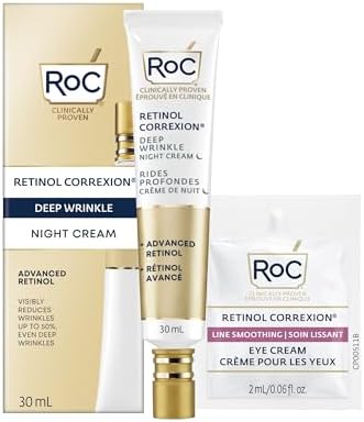 RoC Retinol Correxion Deep Wrinkle Anti-Aging Night Cream, Daily Face Moisturizer with Shea Butter, Glycolic Acid and Squalane, Skin Care Treatment, with Retinol Eye Cream Packette