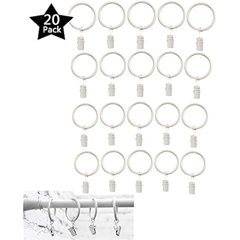 Ltsstoreuk 1 Inch Decorative Metal Drapery Curtain Rings with Clips, White Shower Cafe Window Curtain Clip Rings, Fits Up To 3/4 Inch Rod, Set of 20 (white) Cover