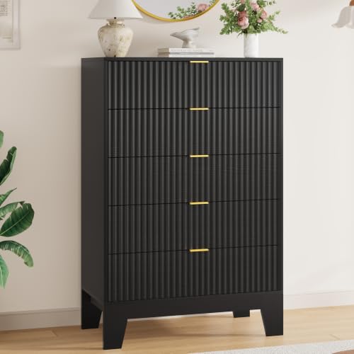 Image of Garvee 5 Drawer Dresser for Bedroom, 47 inch Tall Fluted Chest of Drawers with Metal Handle, Modern Wooden Dresser TV Stand, Clothes Storage Organizer Wood Closet for Hallway, Entryway, Black