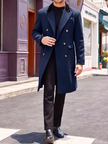 Runcati Mens Trench Coat Notch Lapel Double Breasted Casual Pea Coat Winter Warm Long Overcoat4
