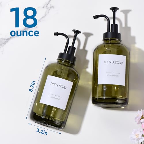 Image of Glass Soap Dispenser with Pump, Dish and Hand Soap Dispenser for Kitchen Bathroom Set, Clear Glass Dispenser Set of 2 Pack with 18 Stickers Funnel Bamboo Tray 500ml 18oz Green