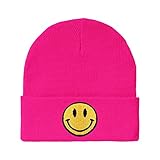 lycycse Womens Beanies for Winter Cuffed Beanie Hats with Smile Face Patch Knit Acrylic Slouchy Beanie Ski Hat Warm Skull Cap Hot Pink