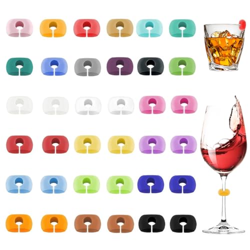 36 Piezas Marcadores de Copas, Marcador Botellas para Bebidas de Silicona, Identificación de Vidrio 24 Colores, Marcadores Reutilizables para Copas, Identificador de Vasos para Fiesta, Bar, Casa