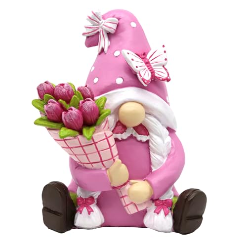 KnomeKo Spring Gnomes Decorations for Home Office- Pink Resin Garden Gnomes with Butterfly Tulip Tiered Tray Decor- Spring Mother's Day & Retirement Gifts