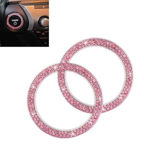 WZP 2PCS Bling Push to Start Button Cover, Crystal Rhinestone Engine Start Button Cover, Sparkling Car Interior Accessories for Women (Pink)