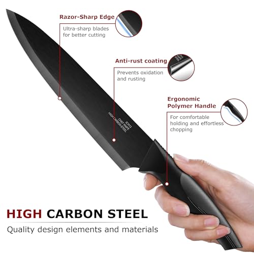 Joyfair Kitchen Knife Set, 15 Pieces Carbon Stainless Steel Kitchen Knife Block Set, Professional Sharp Cutting Tool Set for Chopping/Dicing/Slicing Steak Bread Fish Vegetable, Rust Free, Black - Image 5