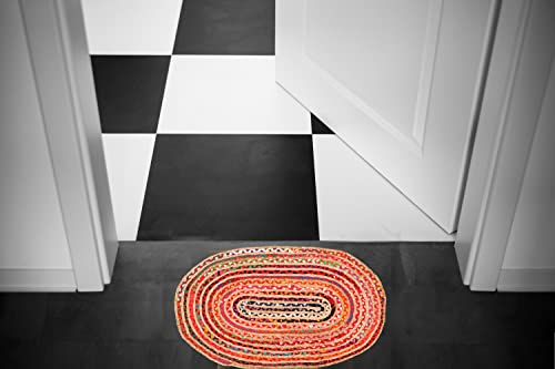 Jute Multi Chindi Oval Braided Rug, Tightly Braided Chindi And Jute Rug,Reversible,Durable,Sustainable Rug Pad, Shag Rugs For Bedroom, Floor Rug, Bedroom Rugs, Jute Kitchen Rug-24X36 Inch Multi Color #TOP5