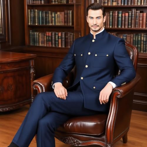 Men's 2 Pieces Stand Collar Chinese Tunic Suit Slim Fit Gold Button Suits for Men Jacket Pant Set Traditional Wedding3