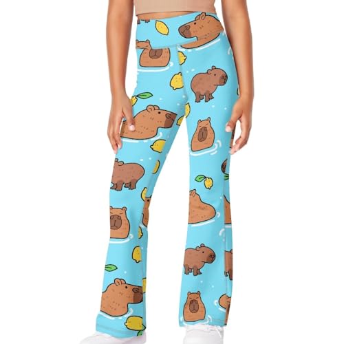 AmzPrint Girls Flare Leggings Cute Cartoon Print Stretchy Wide Leg Bell Bottoms for Kids Costumes Black Pants Size 5-6