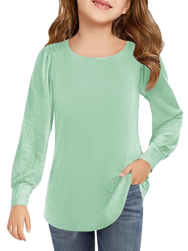 Image of Haloumoning Girls Puff Long Sleeve Shirts Fall Tops 5-14Y | Casual,Solid Color,Crewneck, Soft, Tunic Tops Blouse,Kids Long Sleeve T Shirt,,Fashion Clothes
