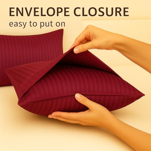 Image of Cotton Solid Striped Pillow Covers | Ultrasoft Breathable Envelope Closure| Pack of 2 Pillow Covers Standard Size (27 x 17 Inches) (Wine)