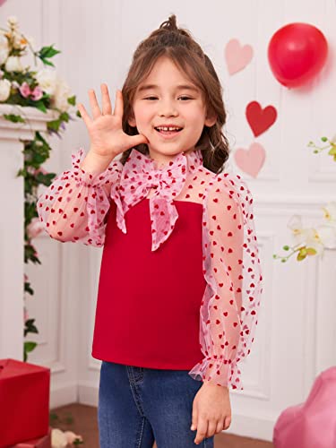 Image of WDIRARA Toddler Girl's Heart Print Sheer Mesh Cute Bow Front Long Sleeve Party Top Blouse