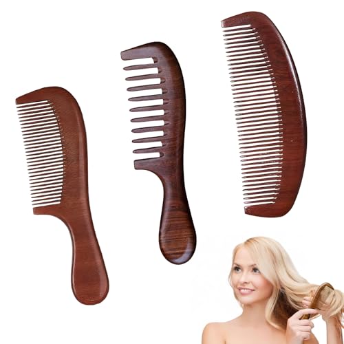CHEUNGHAO 3 Pcs Walnut Wood Hair Comb Set, Anti-Static Wooden Combs for Women, Wide & Fine Tooth Hair Comb for Scalp Massage & Curly Hair Care