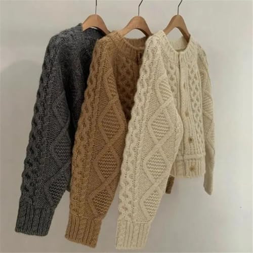 Women Chunky Line Twist Sweater Thick Short Round Neck Knitted Cardigan Tops2