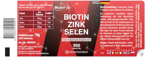 Biotin + Zink + Selen - 365 Tabletten - Haut, Haare & Nägel - Hochdosiert - 100% Vegan – Deutsche Produktion & Laborprüfung - NutriFair | Premium & Fair