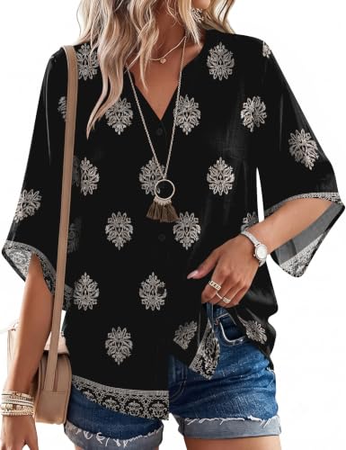 Image of Rapbin Womens Tops 3/4 Sleeve V Neck Boho Button Down Tunic Blouses Black