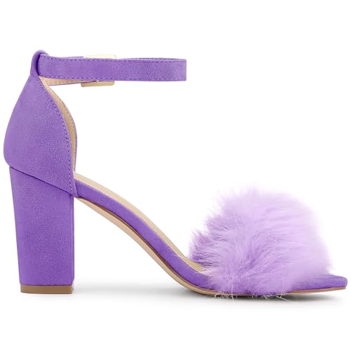 Allegra K Allegra K Women's Ankle Strap Faux Fur Block Heels Purple Sandals 11 M US