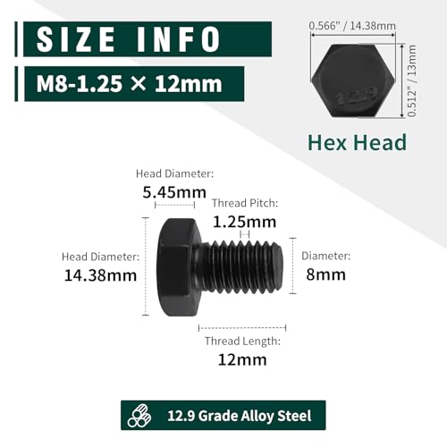 Image of M8-1.25 x 12mm Hex Bolts, 12.9 Grade Alloy Steel, Black Oxide Finish, Full Thread, Coarse Thread UNC, Hexagon Head Bolts 20 PCS