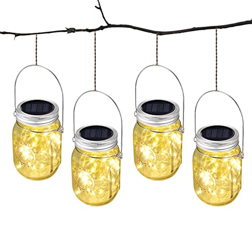 GARLLEN 4 Guirnaldas Luces Exterior luces Led Guirnalda Solares para Jadín, Solar Mason Jar Luz para Balcón, Lámpara solar,Luces Colgantes Solares IP65 Impermeable, Farol de Cristal Blanco Cálido Cover