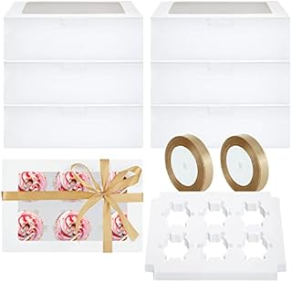 JMIATRY 50 Pack 6 Hole Cupcake Boxes, Cupcake Carrier With Transparent Window and Adjustable Inserts, Kraft Paper Cake Box for Cupcakes, Cookies, Muffins, Pastries and Donuts