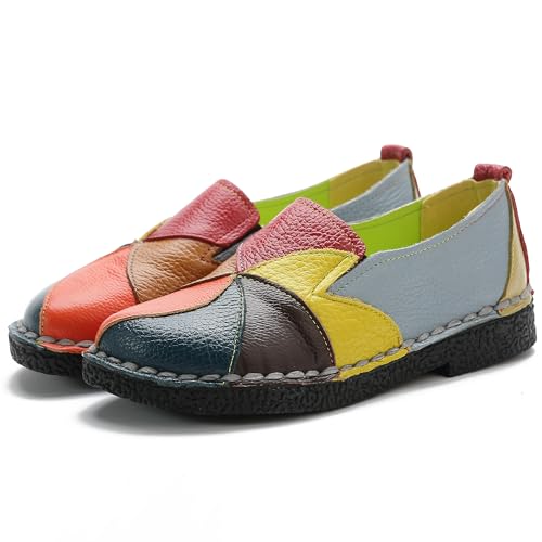 Image of Trsorini Women Leather Loafers Slip-on Casual Flat Shoes | Soft sole comfortable slip on flats,multi color stitching design,driving walking casual daily dress occasions wear