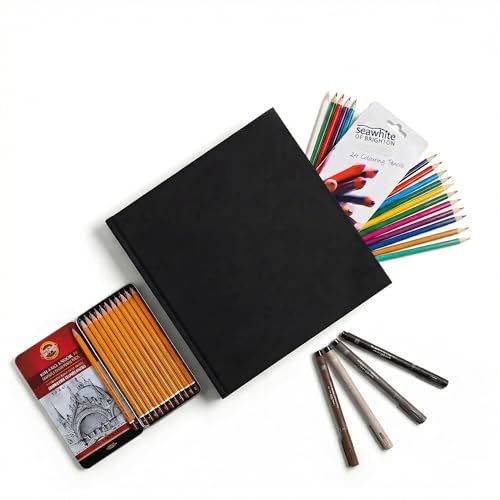 Jumbo Square & Chunky Black Cloth Sketchbook - 25 X 25 cm - 140 GSM All-Media Cartridge White Paper - 95 Square Sheets Ideal for Pencils, Pens, Light Washes