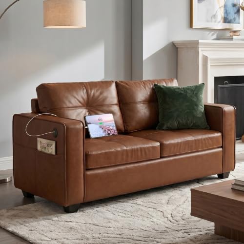 Image of TYBOATLE 65'' Brown Faux Leather Loveseat with USB, 2-Seater Living Room
