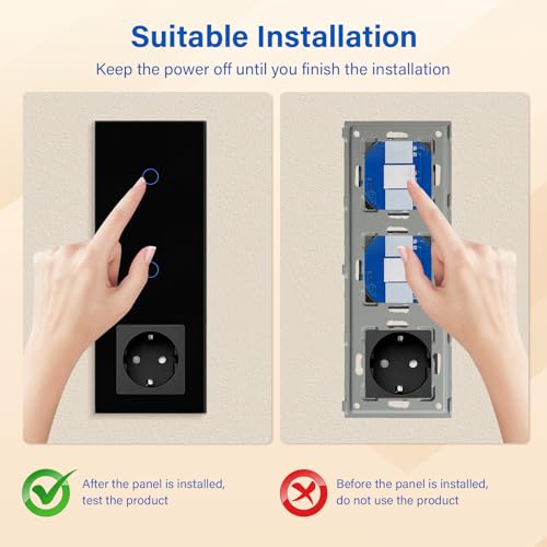 BSEED Touch Lichtschalter mit Steckdosen doppelte 1 Fach 1 Weg Wandschalter mit einer Steckdose Unterputz Touchscreen-schalter mit Glasrahmen 228mm Schwarz