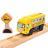 Motorized School Bus for Wooden Track - Yellow Schoolbus Themed Battery Operated - Includes Wooden Bus Stop Sign - Electric Powered Engine Toy for Wood Track for Kids