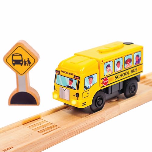 Motorized School Bus for Wooden Track - Yellow Schoolbus Themed Battery Operated - Includes Wooden Bus Stop Sign - Electric Powered Engine Toy for Wood Track for Kids
