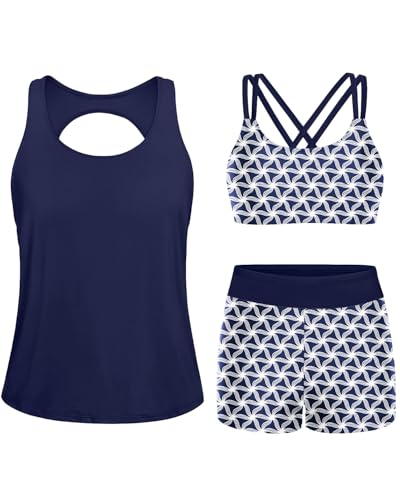 Yonique 3 Piece Swimsuits for Women Athletic Tankini Teen Bathing Suit Tummy Control Modest Swimwear with Boy Shorts