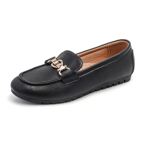 VERDASCO Loafers for Women Casual Slip On Lightweight Penny Loafers Flats Comfortable Bussiness Work Shoes Leather Black with Gold Buckle 7